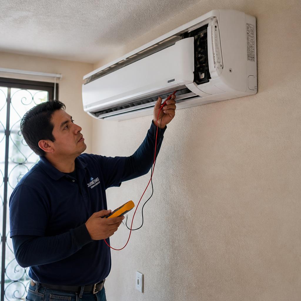 Servicio de aire acondicionado en Querétaro con técnico revisando minisplit